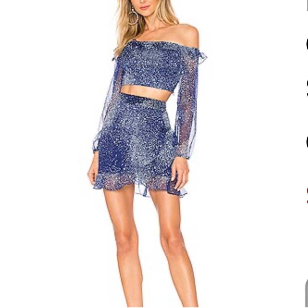 Superdown Revolve Blue Off-Shoulder Deanna Navy Galaxy Two-Piece Set size small